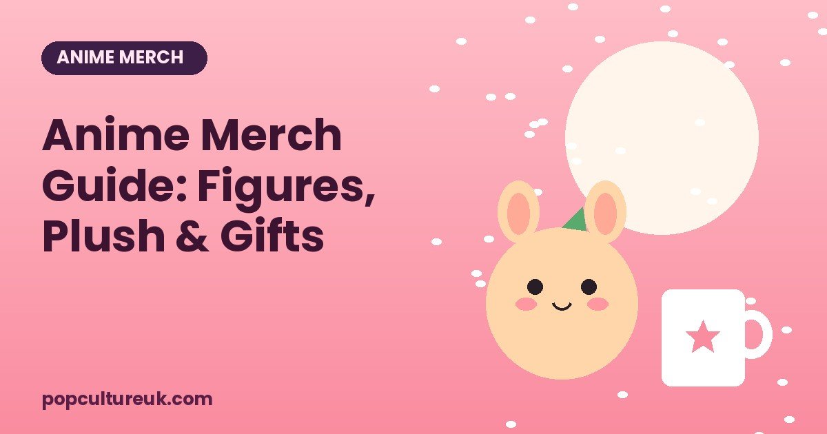 Cute plush toy and mug on a pink background for a UK anime merch guide